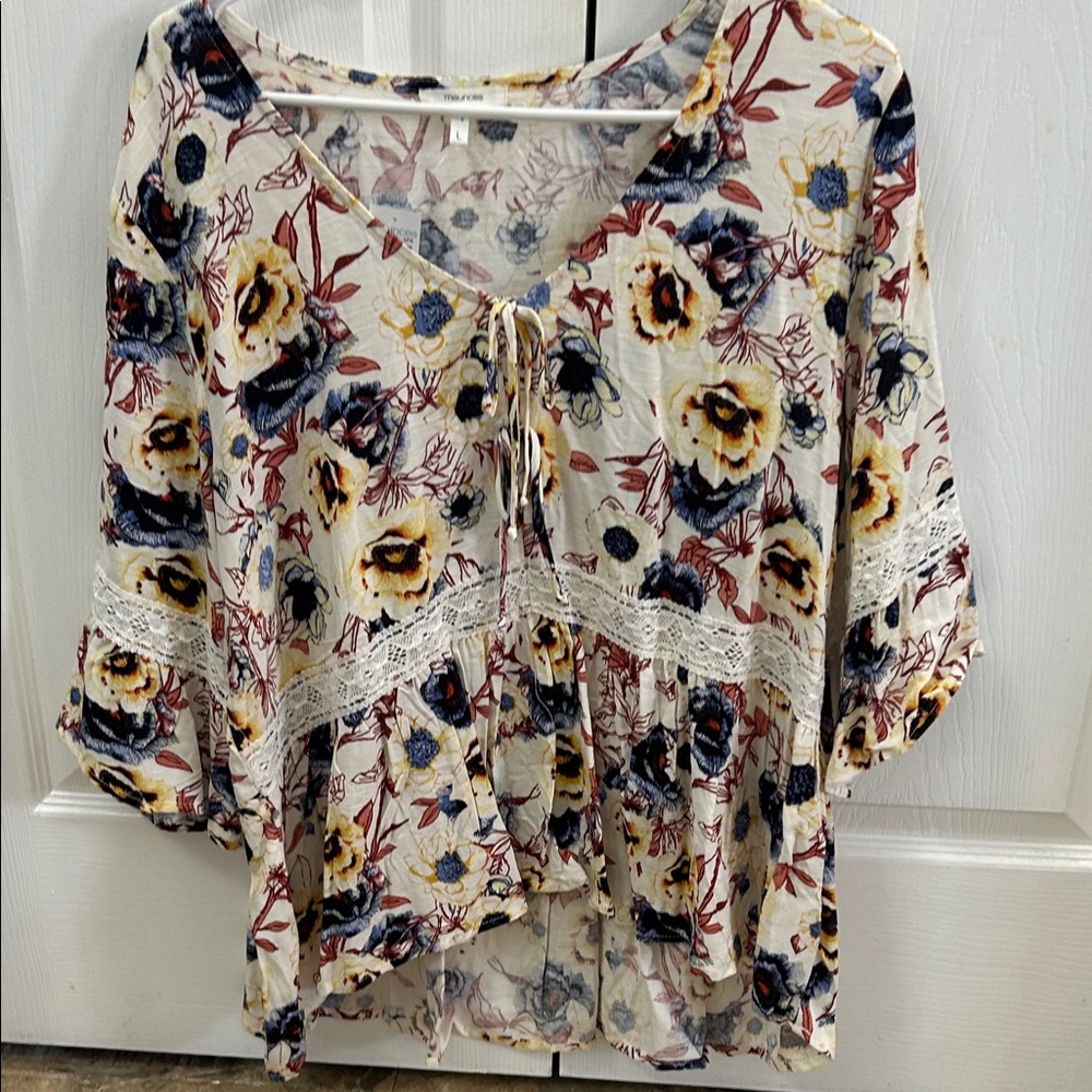 Maurices Floral Lace Trim Blouse - Cream, Blue, Yellow